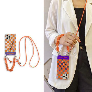 Contrast Checkerboard Crossbody Phone Case with Lanyard & Mirror – Stylish and Functional Mobile Protection